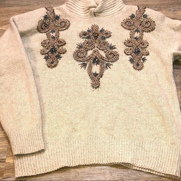 Vintage Silk Angora Wool Beaded Embroidered Turtleneck Sweater - Picture 2 of 5